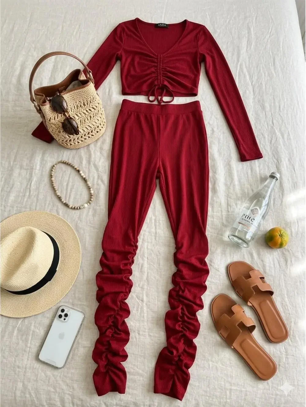 Matching RED Two-Piece Ruched Lounge Set